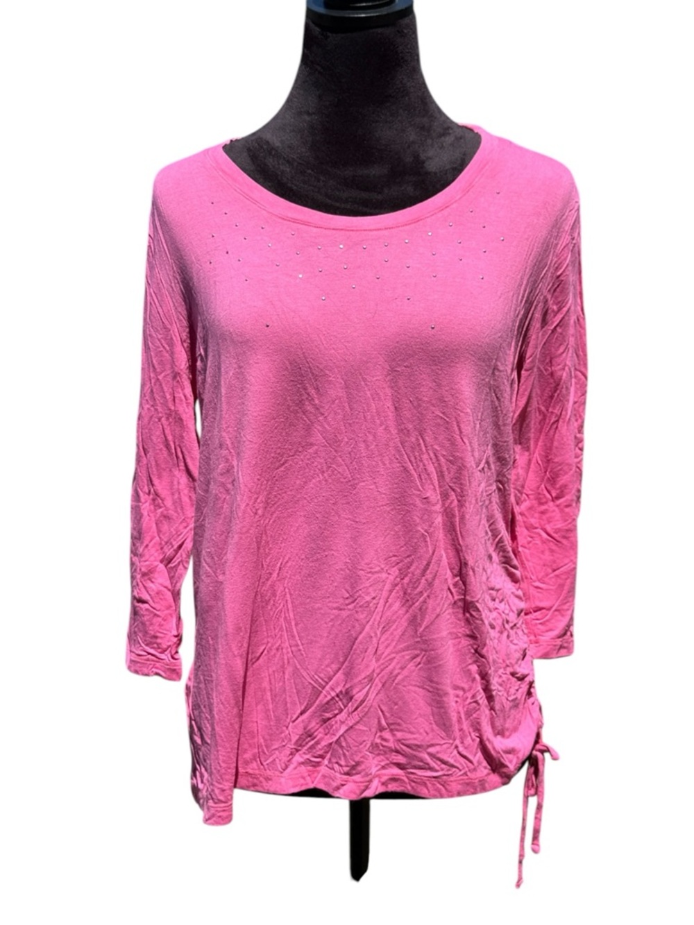 Palm Grove Pink Rhinestone Ruched Side 3/4 Sleeve Tunic Top L Rayon Spandex - Picture 2 of 8